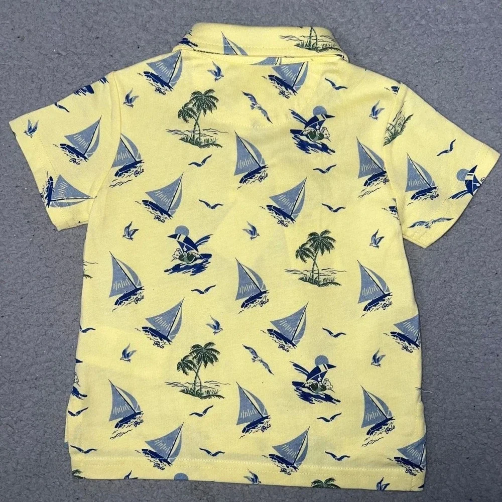 NWT Ralph Lauren Shirt Toddler Sz 9M Yellow Polo Sail Boat Palm Tree Surfing AOP